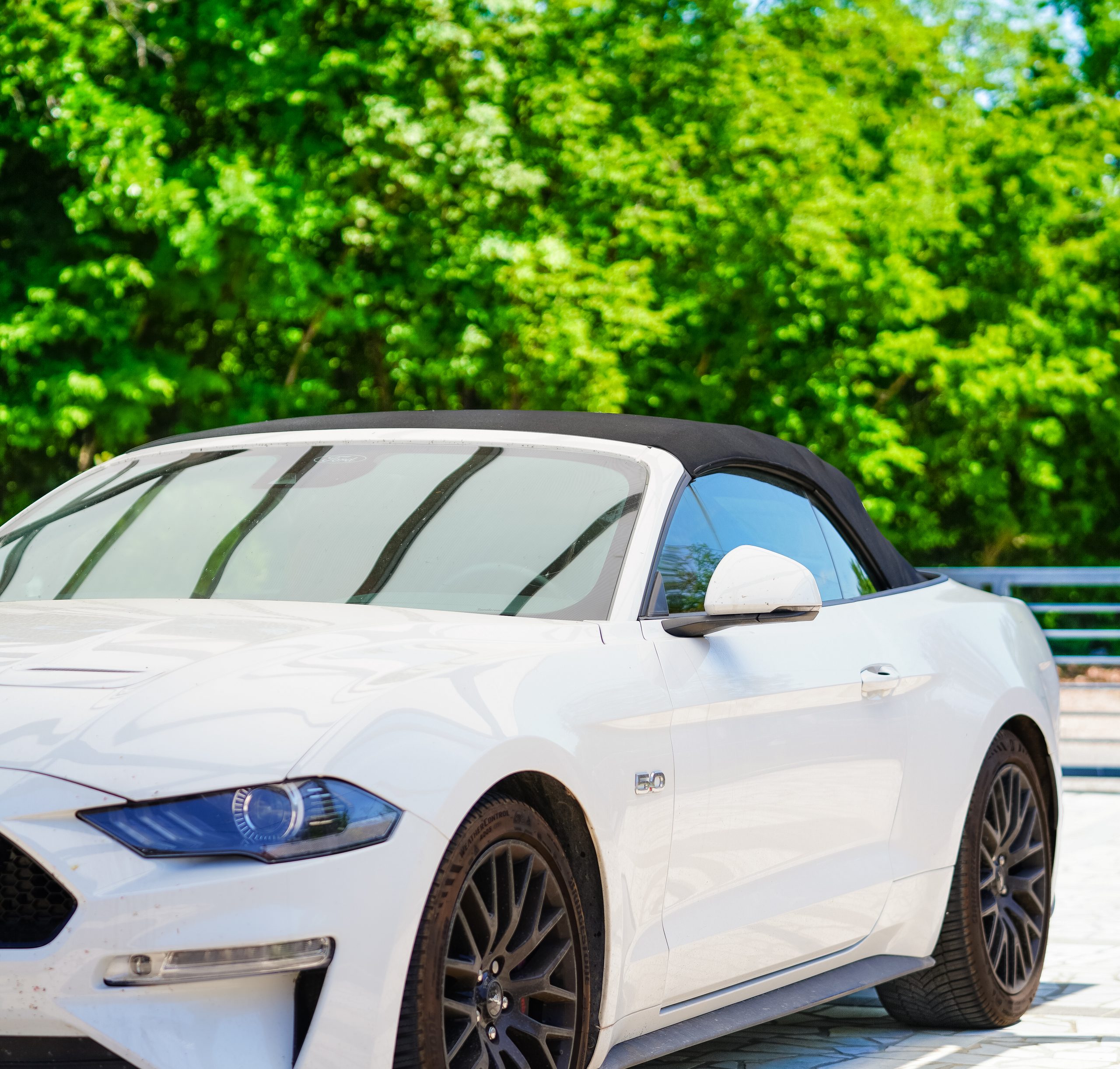 Белый кабриолет Ford Mustang GT под зелёными деревьями